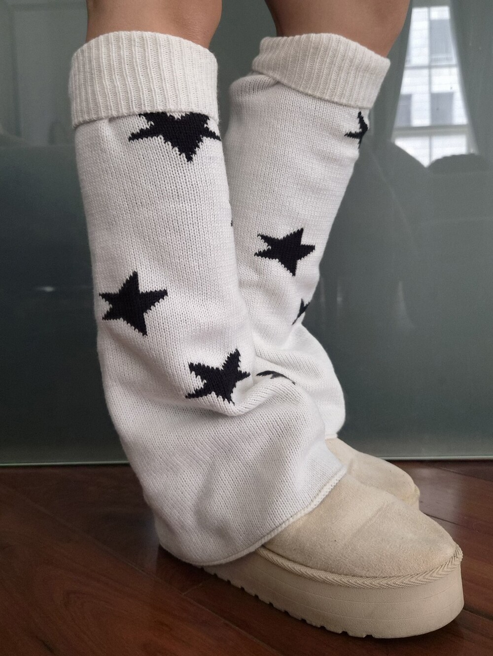 Y2K Star Print Knit Leg Warmers White & Black Grunge